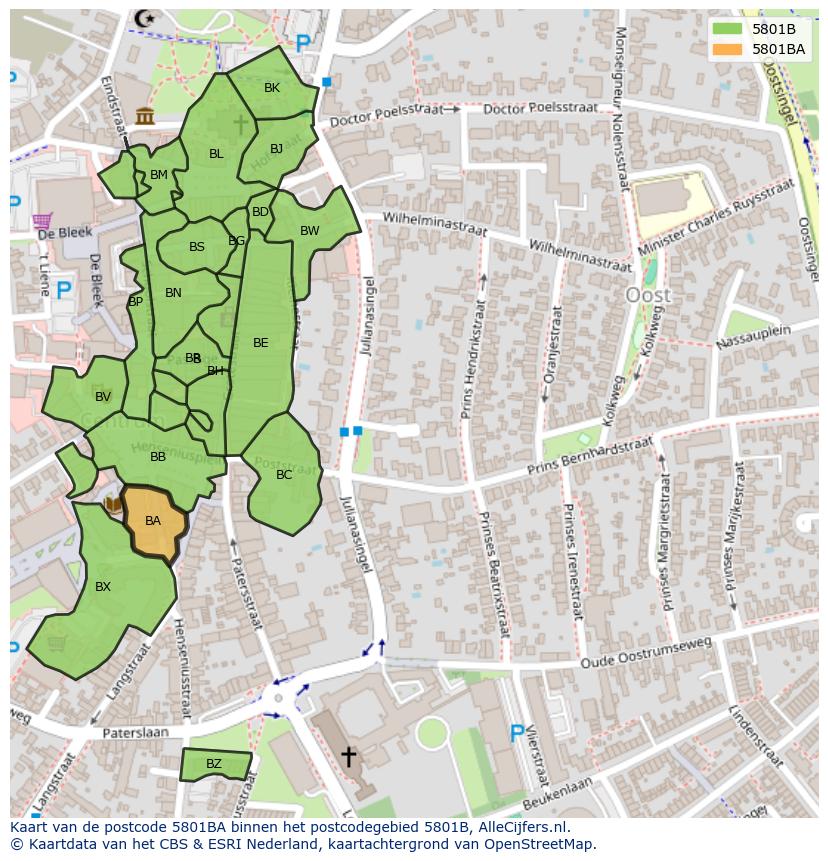 Afbeelding van het postcodegebied 5801 BA op de kaart.