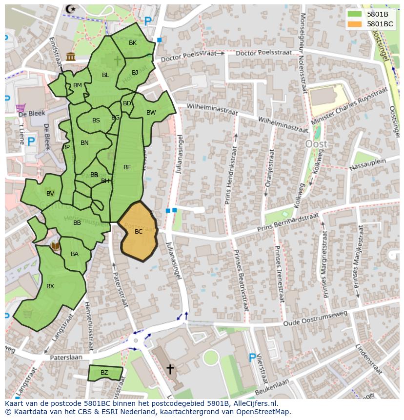 Afbeelding van het postcodegebied 5801 BC op de kaart.