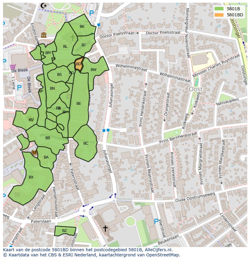 Afbeelding van het postcodegebied 5801 BD op de kaart.