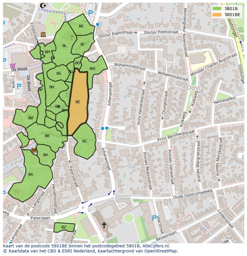 Afbeelding van het postcodegebied 5801 BE op de kaart.