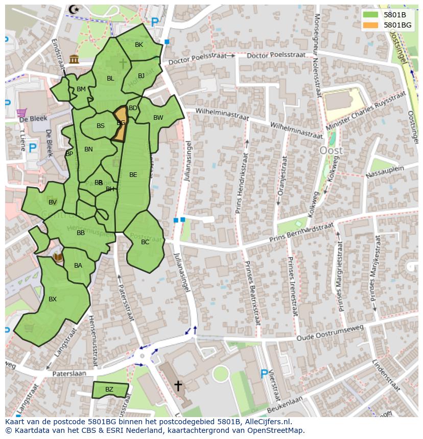Afbeelding van het postcodegebied 5801 BG op de kaart.