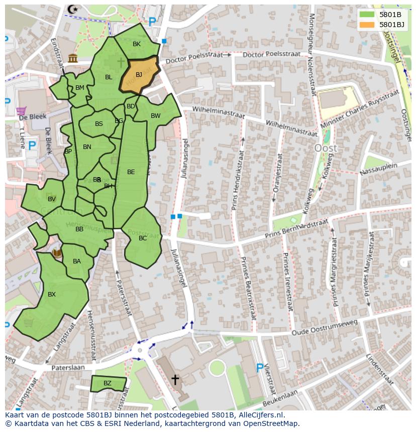 Afbeelding van het postcodegebied 5801 BJ op de kaart.