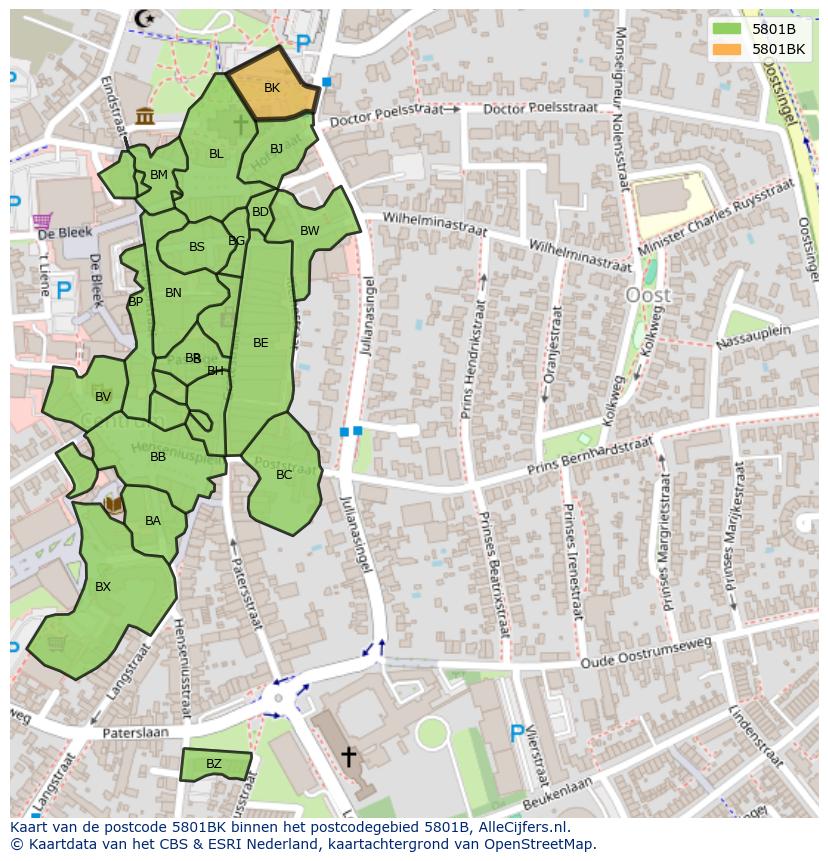 Afbeelding van het postcodegebied 5801 BK op de kaart.