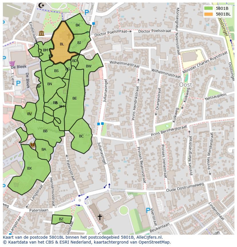 Afbeelding van het postcodegebied 5801 BL op de kaart.