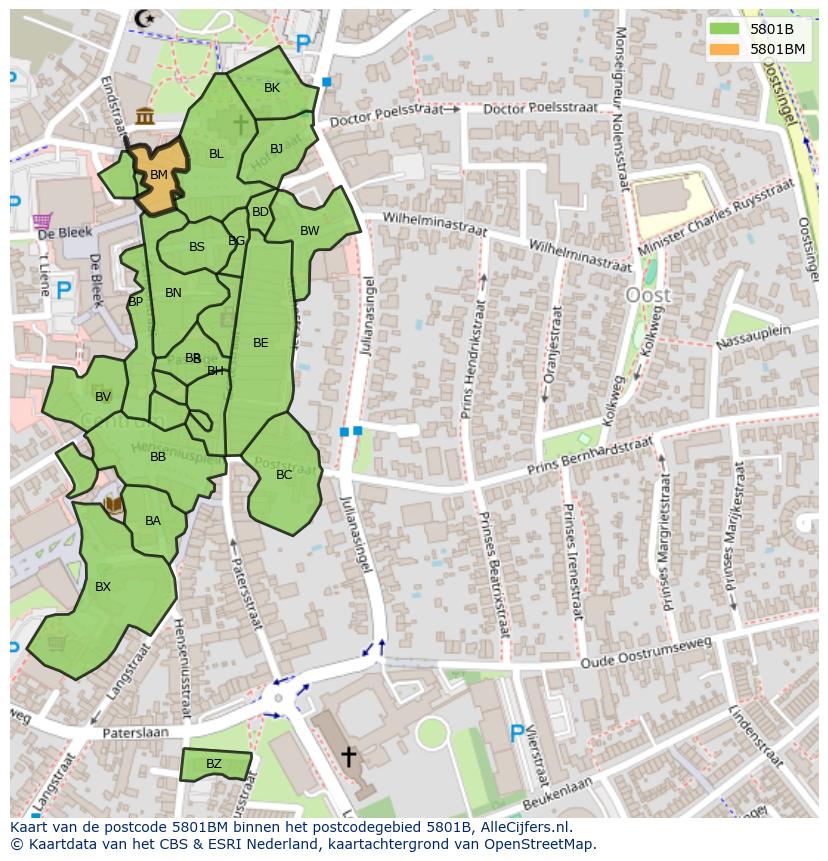 Afbeelding van het postcodegebied 5801 BM op de kaart.