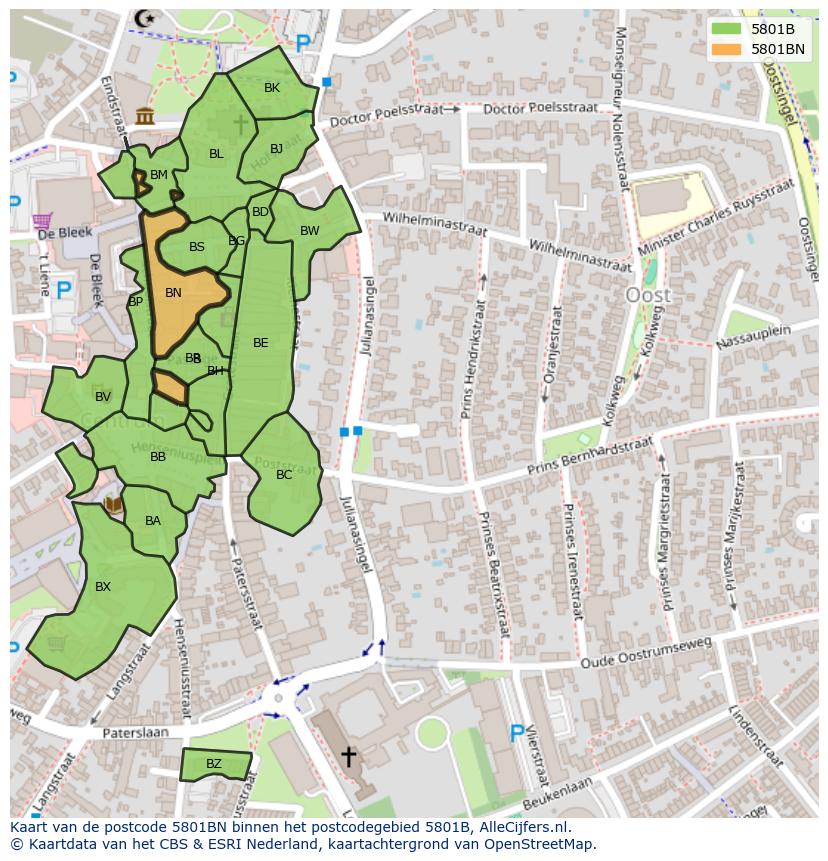 Afbeelding van het postcodegebied 5801 BN op de kaart.