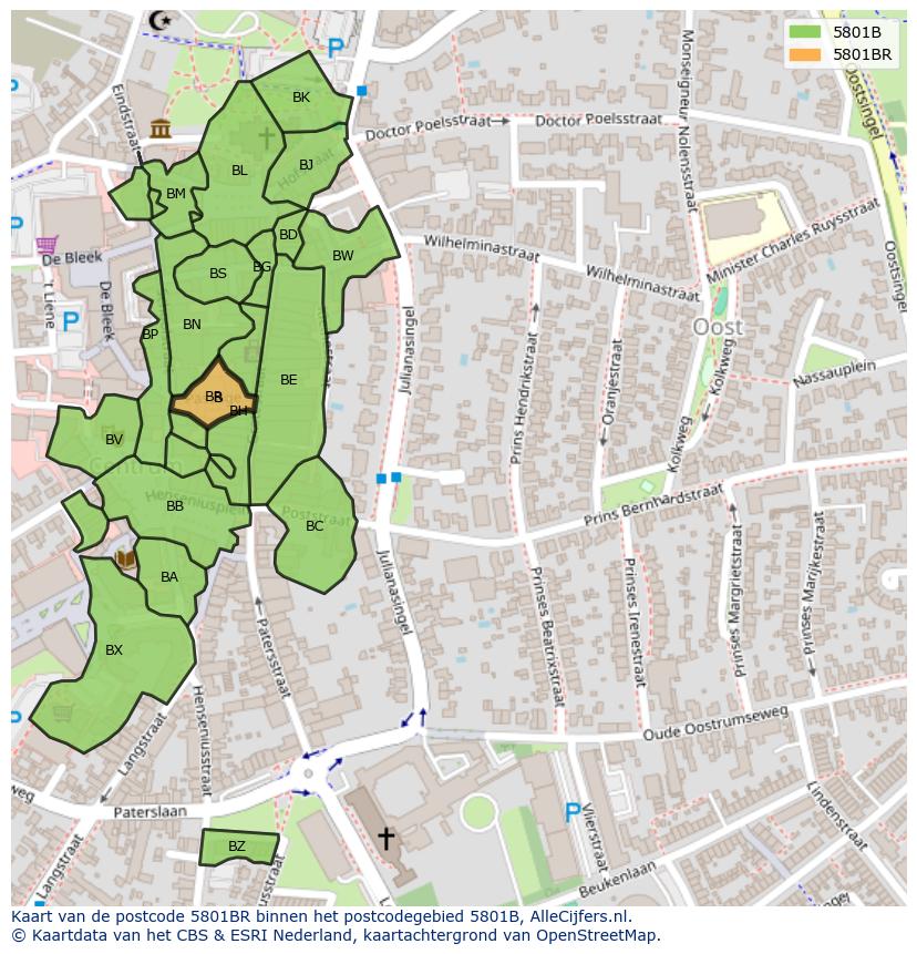 Afbeelding van het postcodegebied 5801 BR op de kaart.