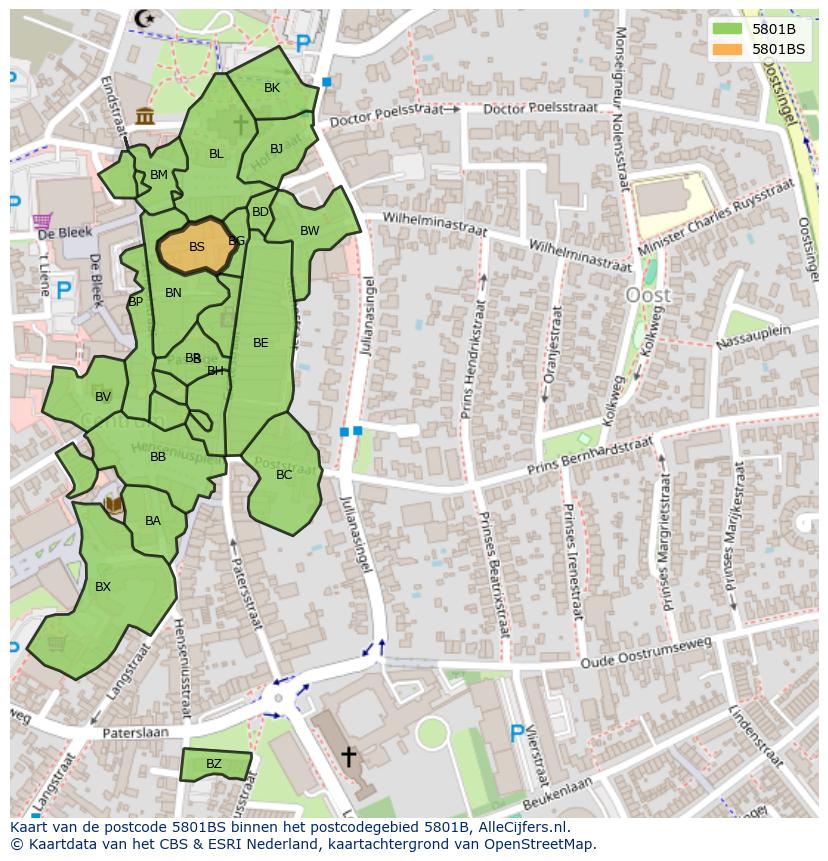 Afbeelding van het postcodegebied 5801 BS op de kaart.