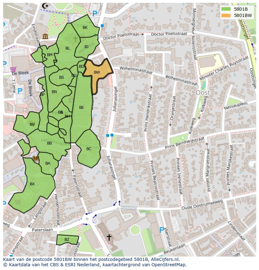 Afbeelding van het postcodegebied 5801 BW op de kaart.