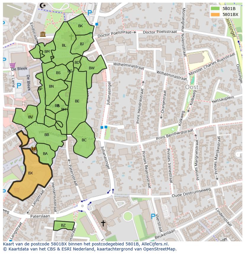 Afbeelding van het postcodegebied 5801 BX op de kaart.