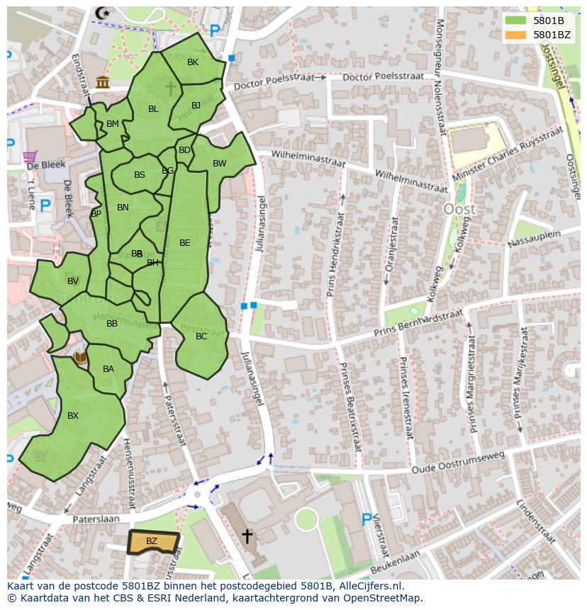 Afbeelding van het postcodegebied 5801 BZ op de kaart.