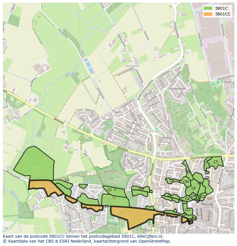 Afbeelding van het postcodegebied 5801 CC op de kaart.