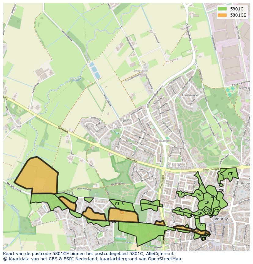 Afbeelding van het postcodegebied 5801 CE op de kaart.