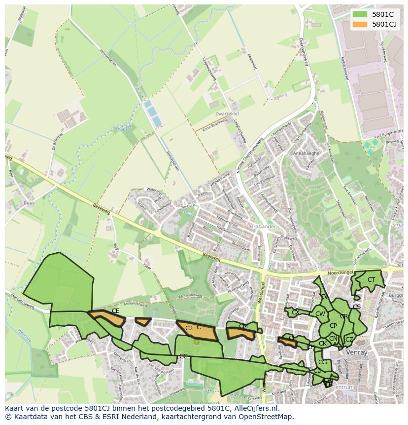 Afbeelding van het postcodegebied 5801 CJ op de kaart.