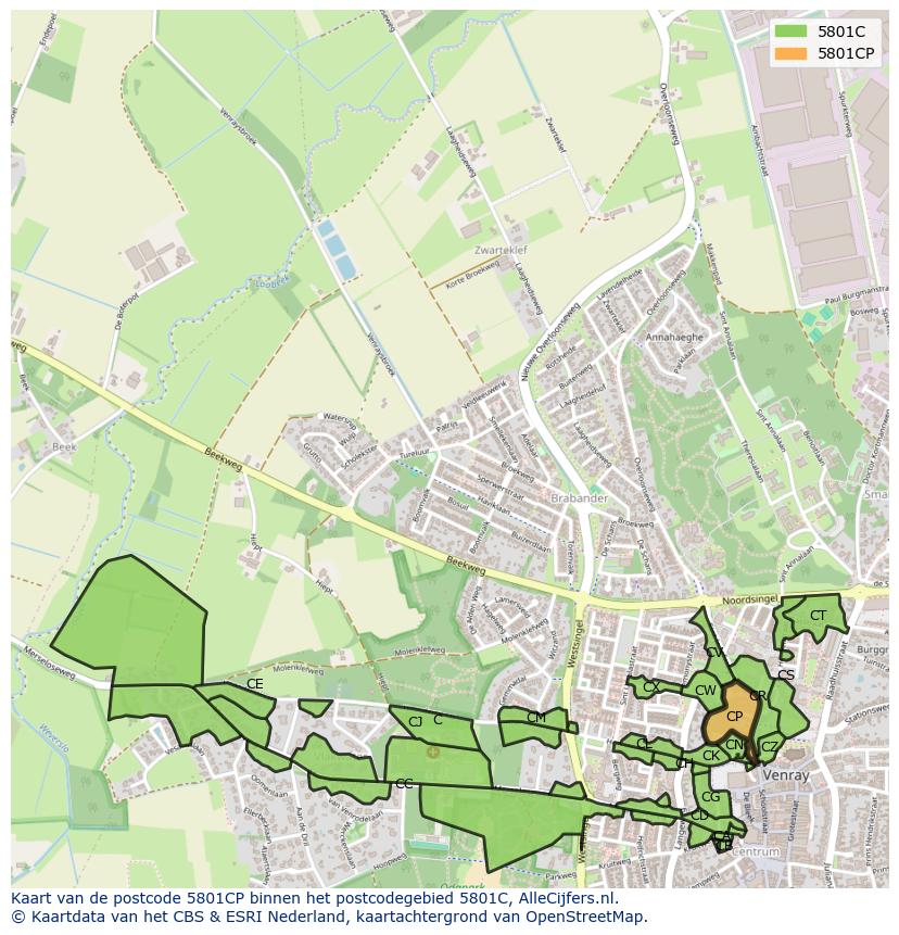 Afbeelding van het postcodegebied 5801 CP op de kaart.