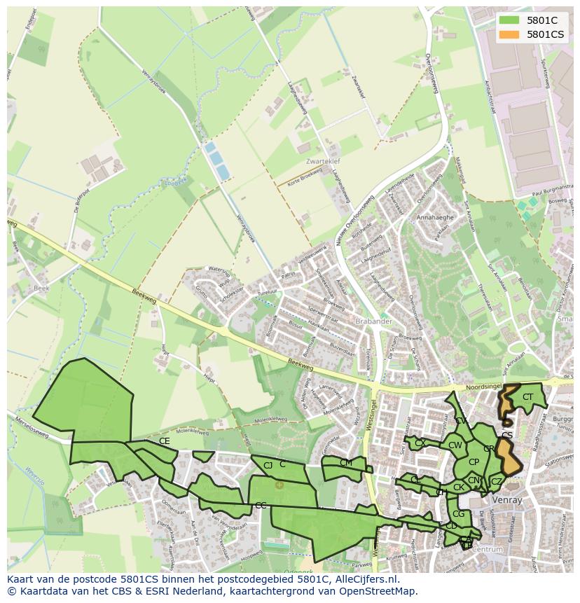 Afbeelding van het postcodegebied 5801 CS op de kaart.