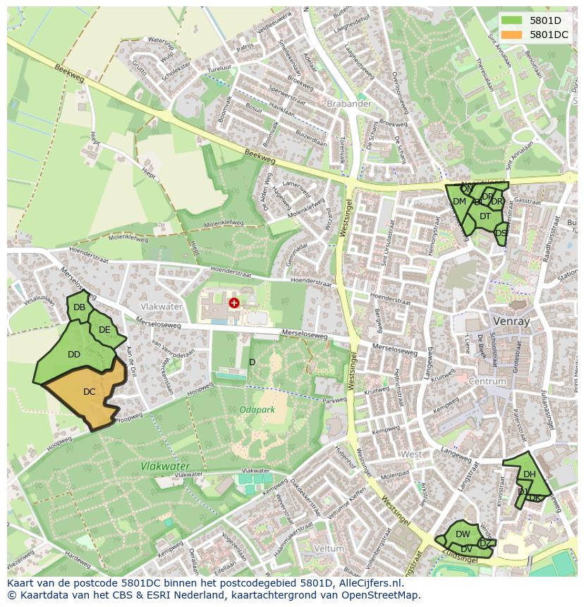 Afbeelding van het postcodegebied 5801 DC op de kaart.