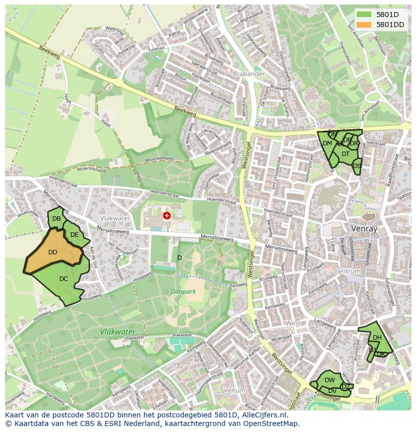 Afbeelding van het postcodegebied 5801 DD op de kaart.