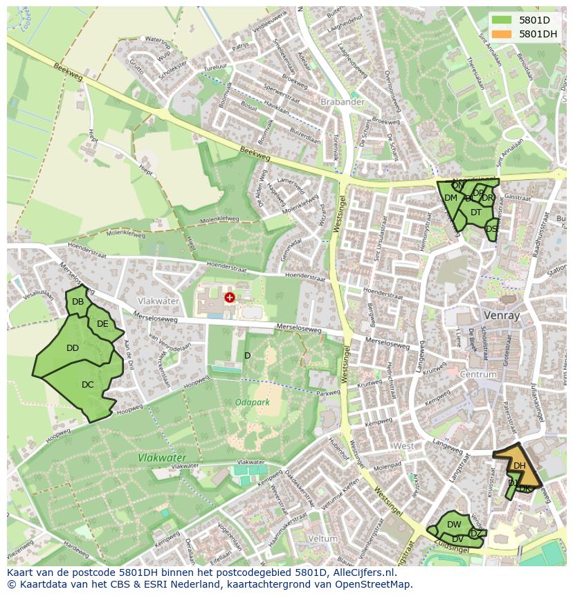 Afbeelding van het postcodegebied 5801 DH op de kaart.