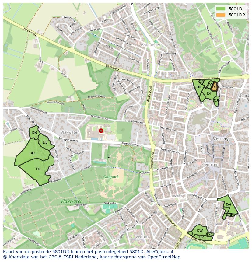 Afbeelding van het postcodegebied 5801 DR op de kaart.