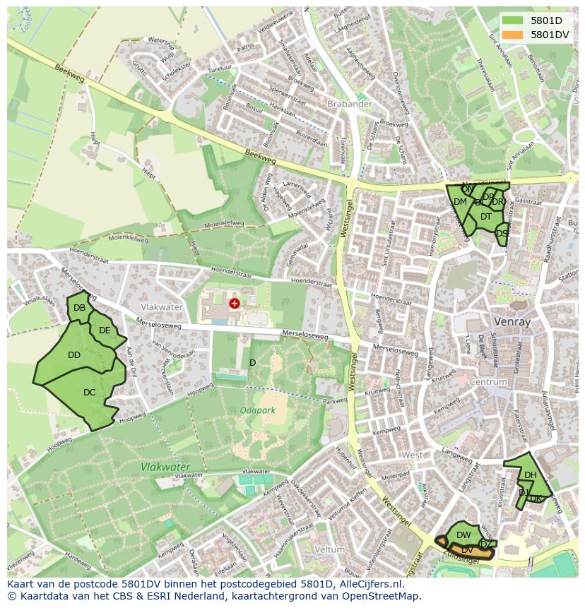 Afbeelding van het postcodegebied 5801 DV op de kaart.