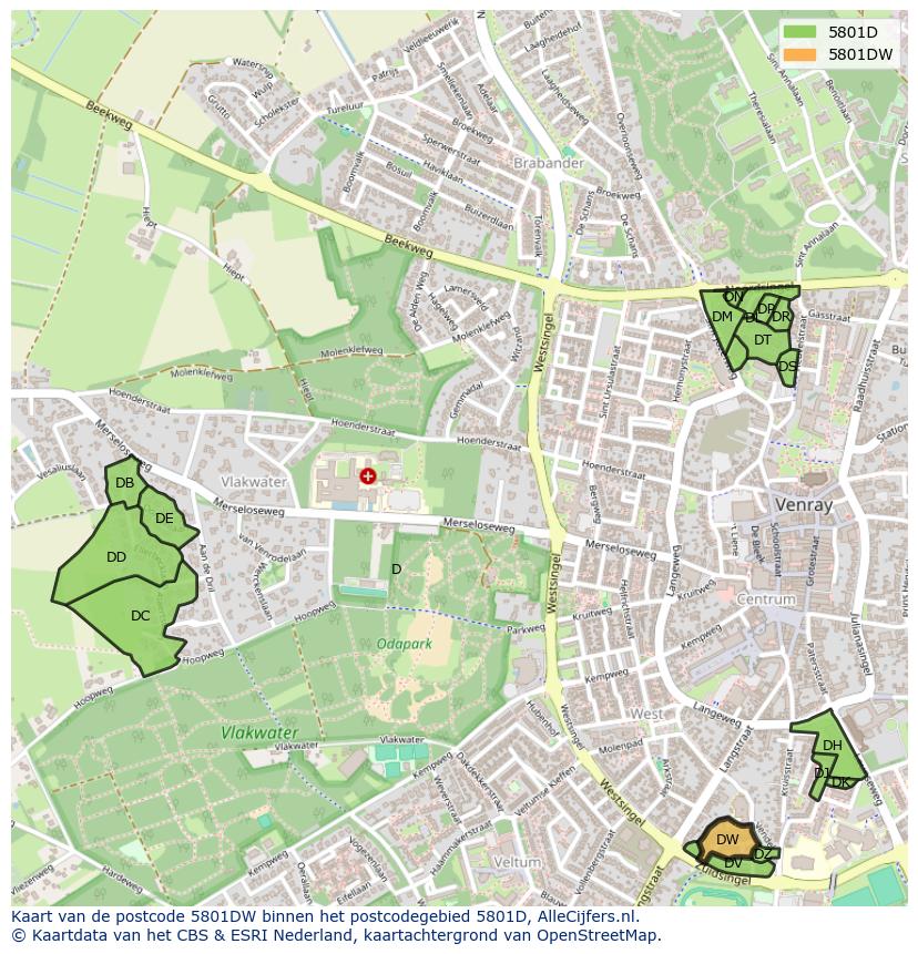 Afbeelding van het postcodegebied 5801 DW op de kaart.
