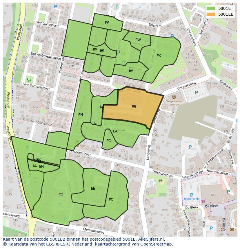 Afbeelding van het postcodegebied 5801 EB op de kaart.