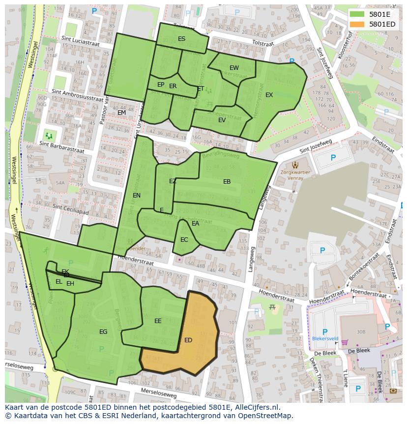 Afbeelding van het postcodegebied 5801 ED op de kaart.