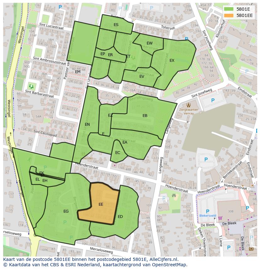 Afbeelding van het postcodegebied 5801 EE op de kaart.
