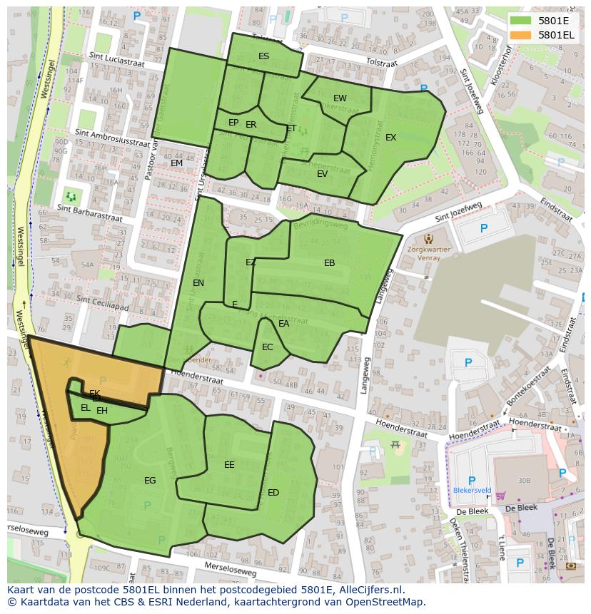Afbeelding van het postcodegebied 5801 EL op de kaart.