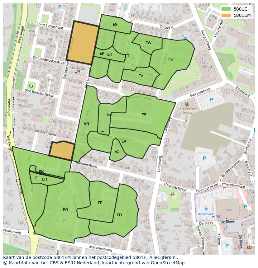 Afbeelding van het postcodegebied 5801 EM op de kaart.