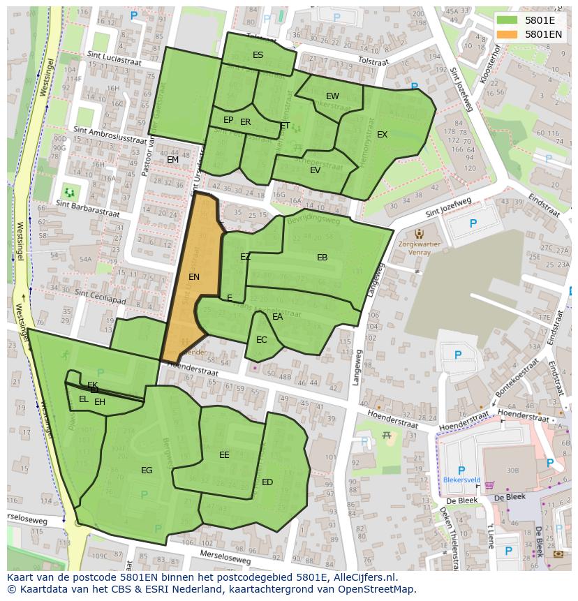 Afbeelding van het postcodegebied 5801 EN op de kaart.