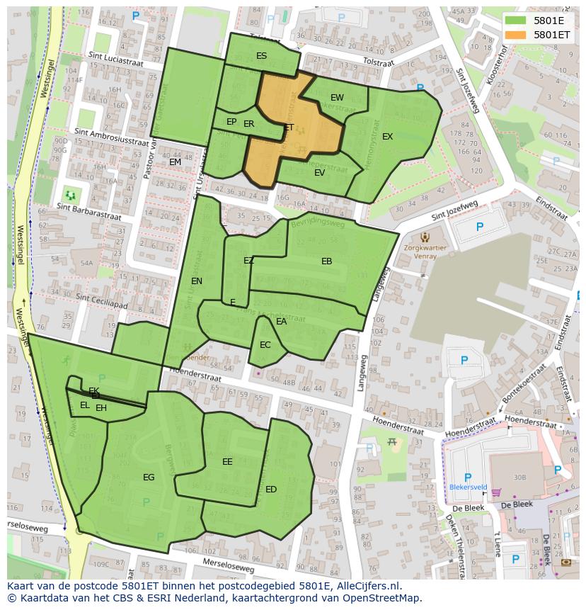 Afbeelding van het postcodegebied 5801 ET op de kaart.
