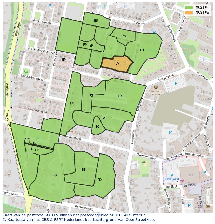 Afbeelding van het postcodegebied 5801 EV op de kaart.
