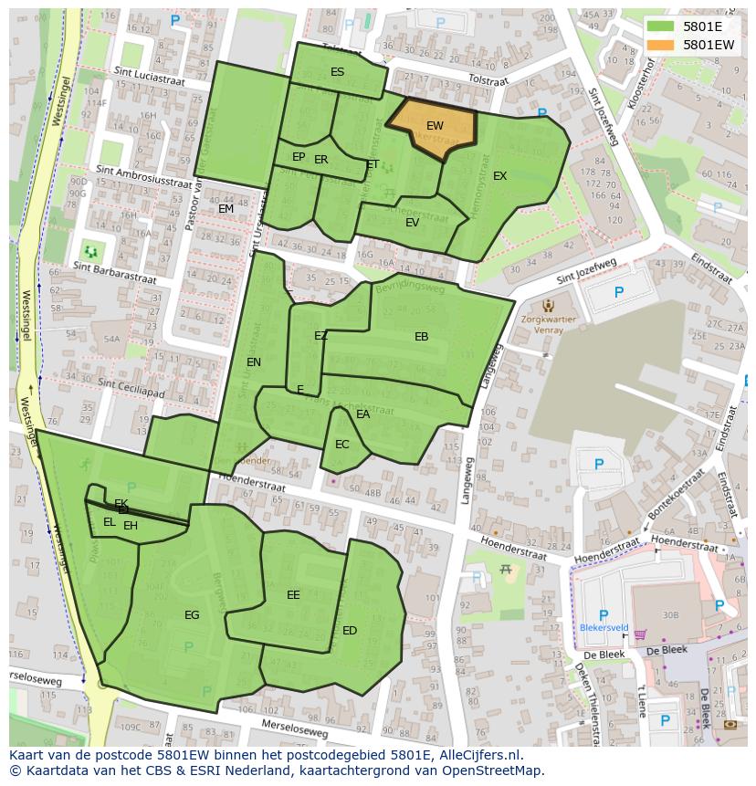 Afbeelding van het postcodegebied 5801 EW op de kaart.