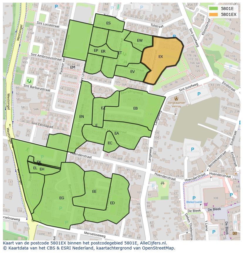 Afbeelding van het postcodegebied 5801 EX op de kaart.