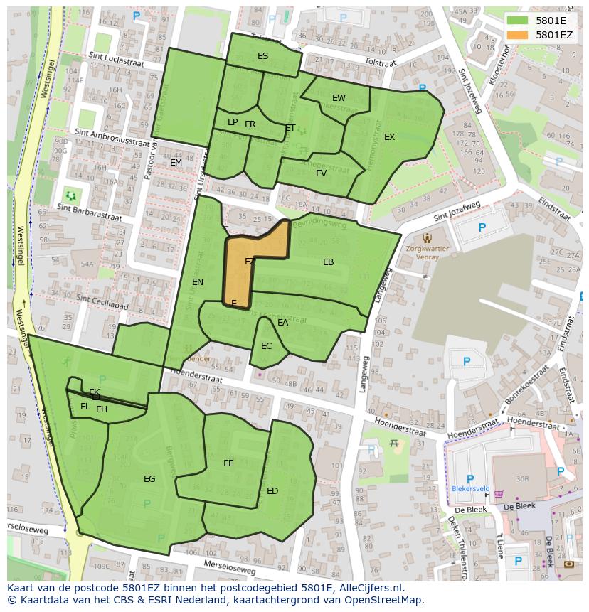 Afbeelding van het postcodegebied 5801 EZ op de kaart.