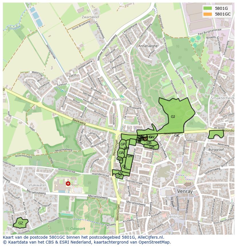 Afbeelding van het postcodegebied 5801 GC op de kaart.