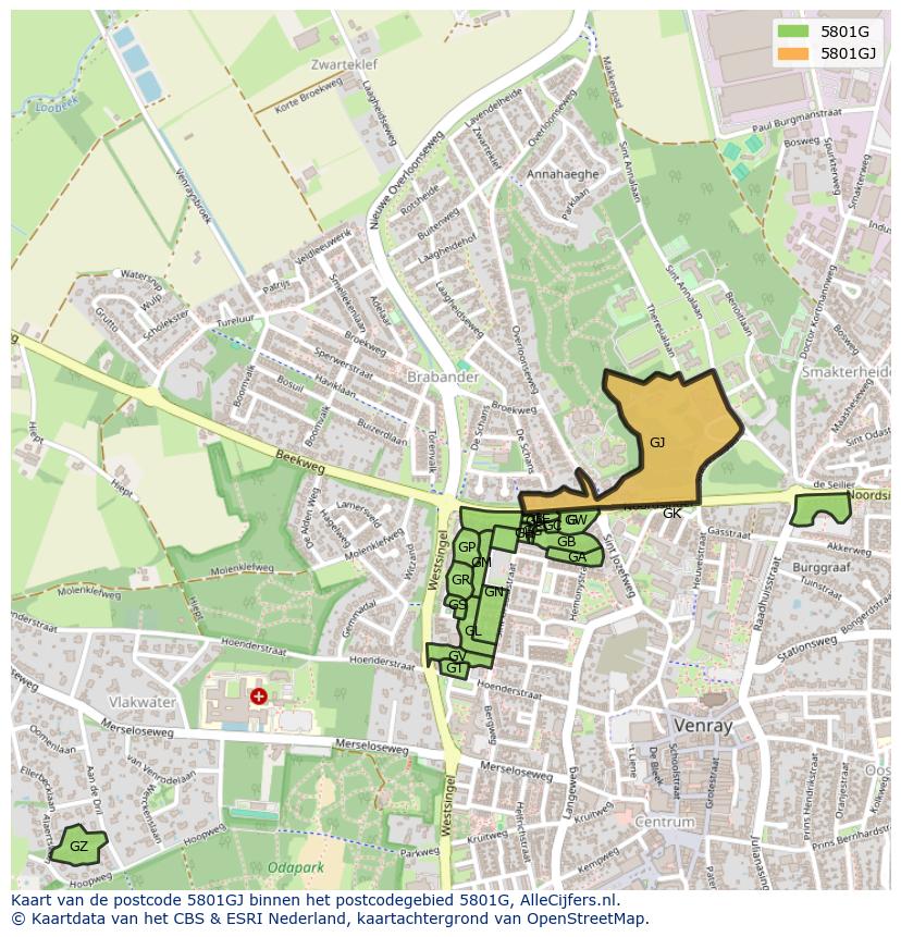 Afbeelding van het postcodegebied 5801 GJ op de kaart.