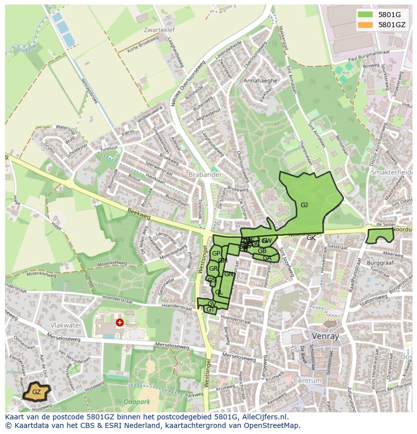 Afbeelding van het postcodegebied 5801 GZ op de kaart.