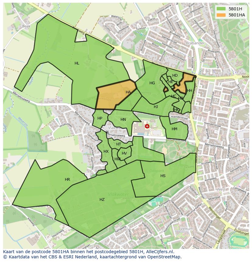 Afbeelding van het postcodegebied 5801 HA op de kaart.