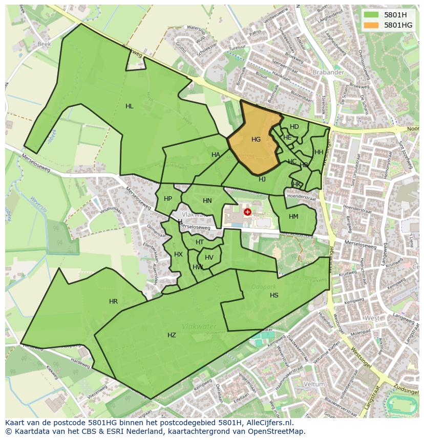 Afbeelding van het postcodegebied 5801 HG op de kaart.
