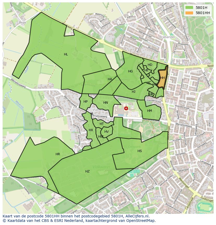 Afbeelding van het postcodegebied 5801 HH op de kaart.