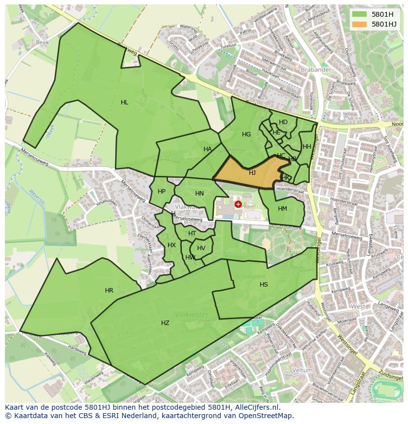 Afbeelding van het postcodegebied 5801 HJ op de kaart.