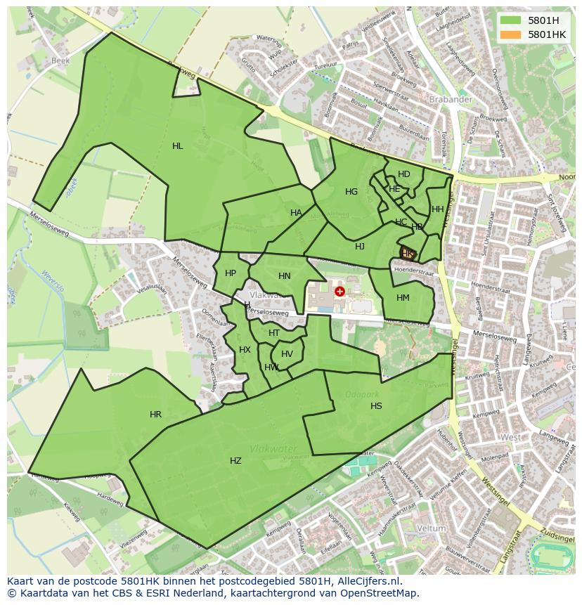 Afbeelding van het postcodegebied 5801 HK op de kaart.