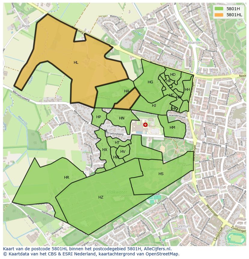 Afbeelding van het postcodegebied 5801 HL op de kaart.