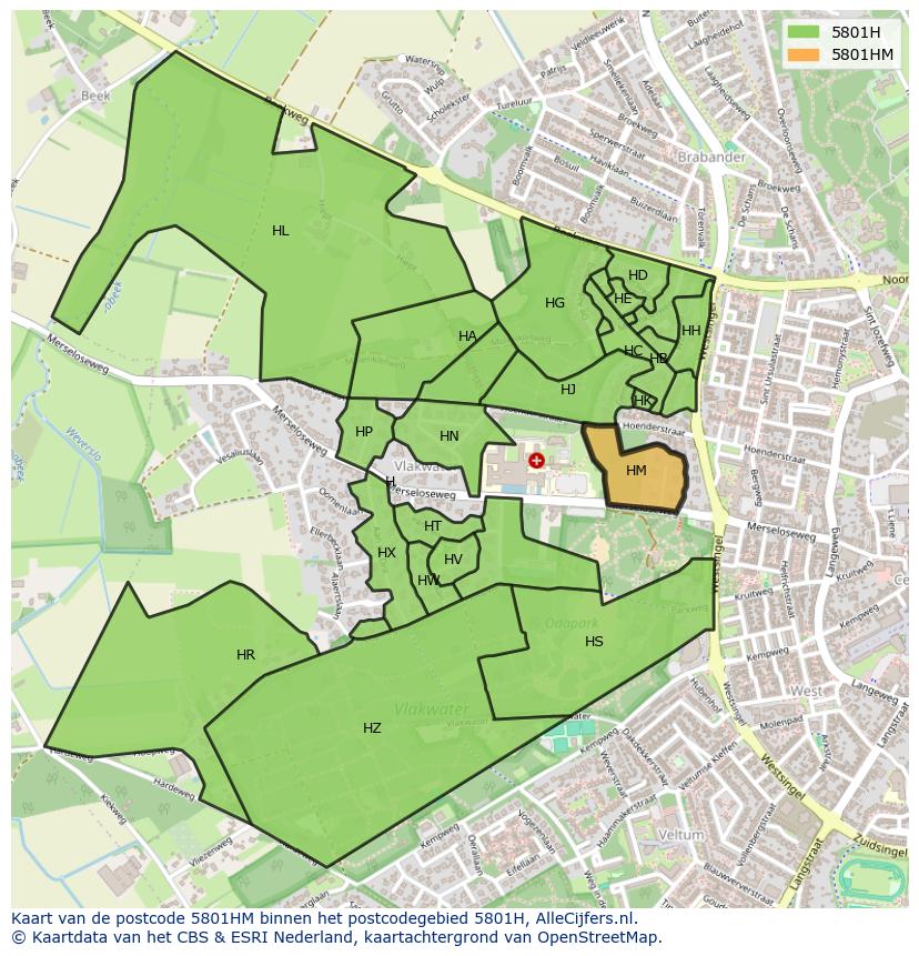 Afbeelding van het postcodegebied 5801 HM op de kaart.