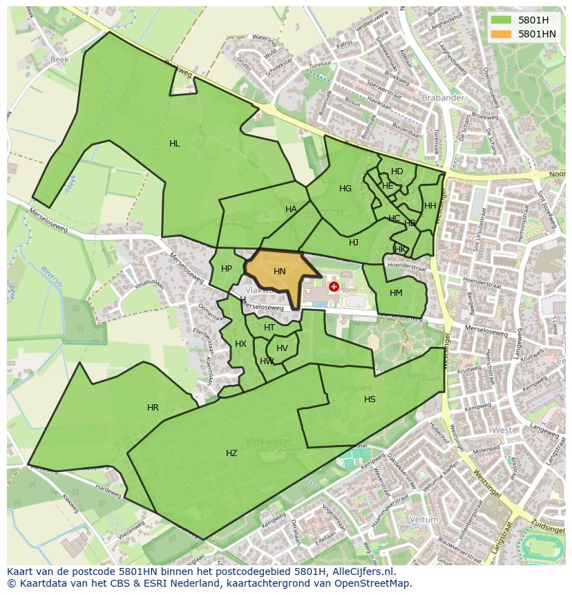 Afbeelding van het postcodegebied 5801 HN op de kaart.