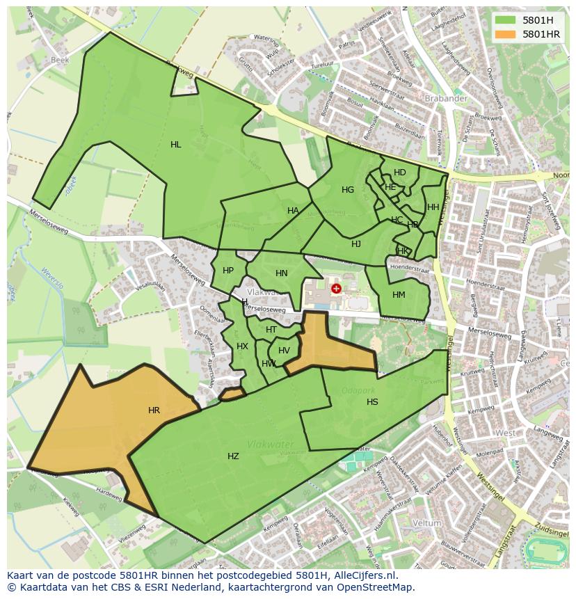 Afbeelding van het postcodegebied 5801 HR op de kaart.