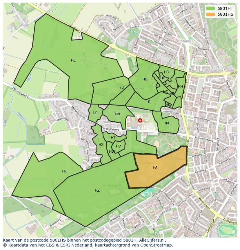 Afbeelding van het postcodegebied 5801 HS op de kaart.